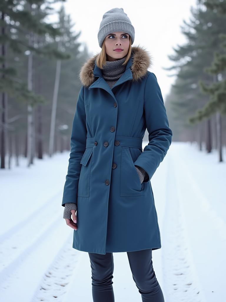 En modell iført en elegant, varm vinterjakke i nordisk design.