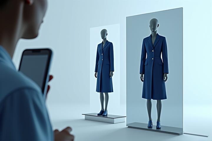 Bilde av en kvinne som interagerer med en virtuell prøveløsning på en stor skjerm, med en 3D-avatar som viser klær.