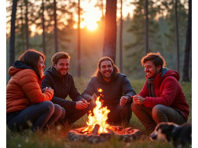 En gruppe blide turgåere i Fjellheim-klær som deler en latter rundt et bål i en norsk furuskog, med en leken hund i forgrunnen.