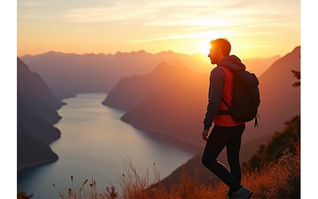 En turgåer i lett, fukttransporterende friluftstøy med en ryggsekk på ryggen, nyter utsikten fra en norsk fjelltopp i solnedgang.