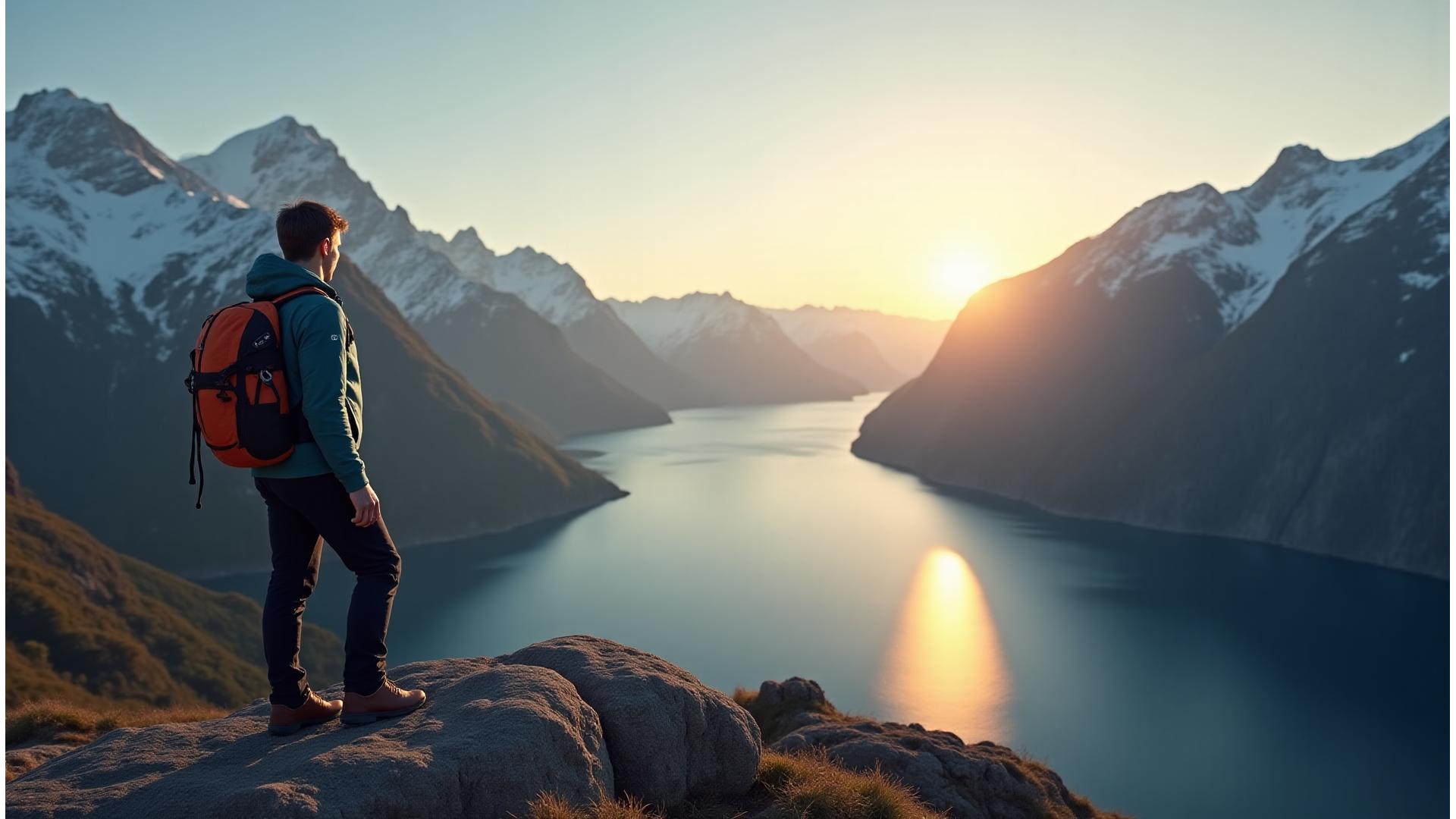 En eventyrlig utsikt over en norsk fjord med snødekte fjell i bakgrunnen, en kvinne i Fjellheims funksjonelle friluftsklær står og nyter soloppgangen. Klærne reflekterer naturens palett.