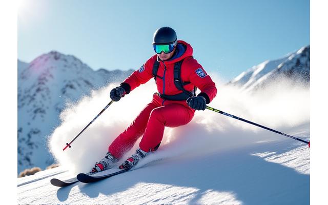 En skiløper i Fjellheims alpinutstyr svinger ned en snødekt bakke, med en klar blå himmel og fjelltopper i bakgrunnen.