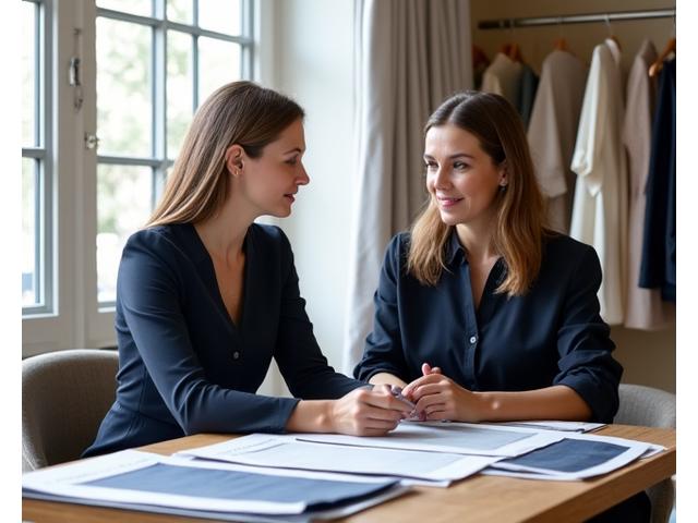 En klesdesigner som diskuterer stoffprøver og designskisser med en klient i et lyst, moderne studio, som representerer en personlig stylingkonsultasjon.