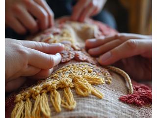 En workshop med fokus på tekstilhåndverk, der flere hender er i ferd med å veve intrikate mønstre under veiledning av en erfaren håndverker.