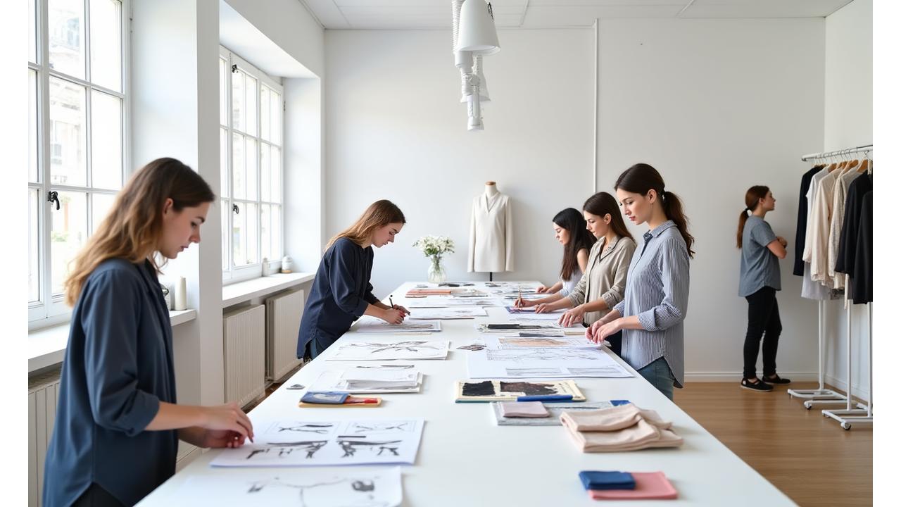 Oversiktsbilde av et moderne, lysfylt designatelier med nordisk innredning, der designere skisserer og diskuterer stoffprøver. Bildet viser både kreativitet og profesjonalitet.