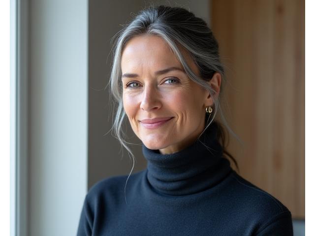 Portrett av Elin Jacobsen, medgründer og kreativ direktør, i et minimalistisk norsk interiør.