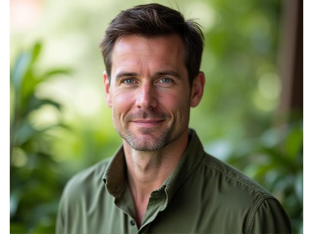 Portrett av Henrik Johansen, ansvarlig for bærekraft, i et grønt uterom som symboliserer miljøengasjement.