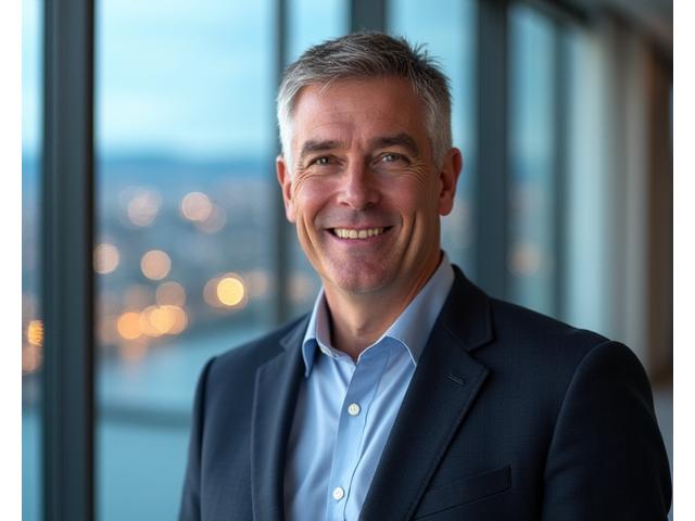Portrett av Sverre Olsen, administrerende direktør, i en moderne kontormilø med byutsikt.