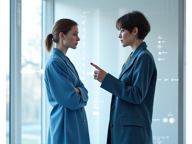 En kvinne får en digital stilkonsultasjon av en stylist, med en AI-analyse over en stor skjerm, som illustrerer møtet mellom teknologi og menneskelig ekspertise. Belysning i nordisk stil.