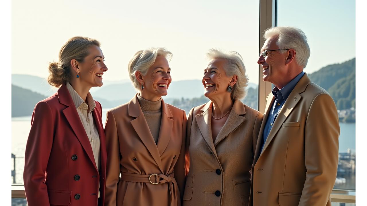 Fire elegant kledde seniorer – to kvinner og to menn – smiler og snakker sammen i et lyst, moderne rom, som viser selvtillit og glede. Klærne deres er stilige, komfortable og i nordisk minimalisme.