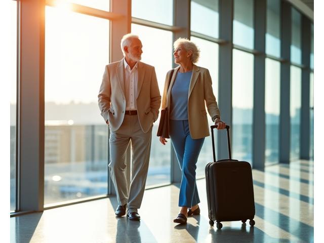 En elegant senior par vandrer gjennom en flyplass, med lette, krøllfrie reiseklær som utstråler komfort og stil.