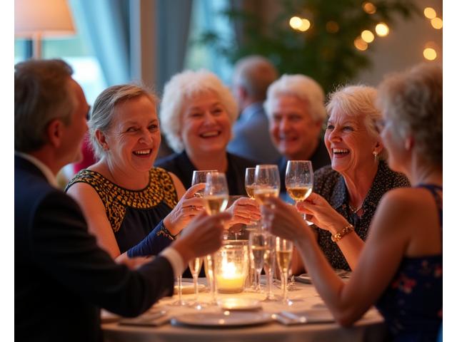 En gruppe seniorer ler og koser seg i selskapsantrekk på en elegant sosial sammenkomst, som viser levende farger og glede.