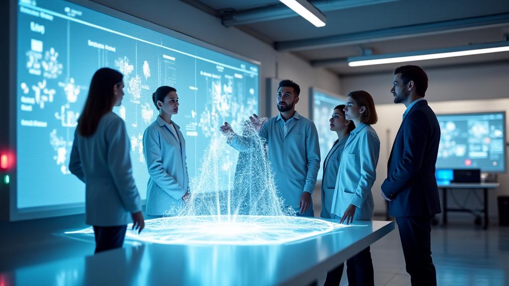 Et team av forskere i en moderne lab, diskuterer datavisualiseringer på store skjermer, symboliserer innovasjon og samarbeid